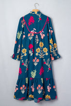 Load image into Gallery viewer, Blue Floral Print Gathered Neckline 7/8 Sleeve Casual Midi Dress