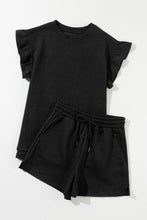 Load image into Gallery viewer, Black Textured Ruffle Split Top and Drawstring Shorts