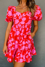 Load image into Gallery viewer, Red Floral Bubble Sleeve Sweetheart Neck Ruffled Mini Dress