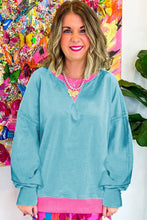 Cargar imagen en el visor de la galería, Light Blue Colorblock Patchwork Crew Neck Loose Sweatshirt