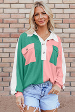 Cargar imagen en el visor de la galería, Pink Colorblock Ribbed Collared Oversized Sweatshirt