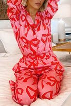 Load image into Gallery viewer, Pink 2pcs Bow Print Shirt Style Long Sleeve Pajama Set