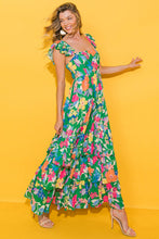 Load image into Gallery viewer, Green Floral Print Sleeveless Ruffle Tiered Maxi Dress