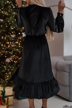 Load image into Gallery viewer, Black Velvet Buttoned Puff Sleeve V Neck Split Midi Dress