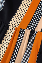 Load image into Gallery viewer, Black Striped Polka Dot Print Ruffled Hem V Neck Mini Dress