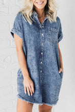 Load image into Gallery viewer, Blue Mineral Wash Cuffed Sleeve Frayed Hem Denim Dress