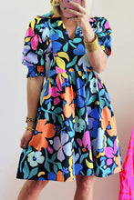Load image into Gallery viewer, Blue Collared Split Neck Floral Flared Dress