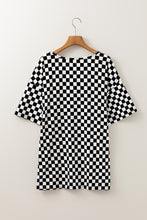 Load image into Gallery viewer, Black Checkered Print Side Slits O Neck Plus Size T Shirt