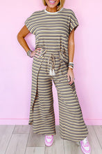 Load image into Gallery viewer, Black Stripe Rainbow Tee Tasseled String Wide Leg Pants Set
