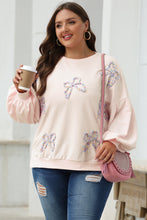 Load image into Gallery viewer, Parchment Embroidered Bow Lantern Sleeve Oversized Pullover Sweatshirt