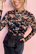 Load image into Gallery viewer, Black Floral Mesh Sheer Long Sleeve Top