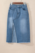Load image into Gallery viewer, Light Blue Frayed Slit Asymmetric Denim Midi Skirt