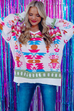 Load image into Gallery viewer, White Oversize Aztec Print High Low V Neck Sweater