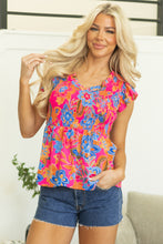 Cargar imagen en el visor de la galería, Rose Red Floral Print Smocked Ruffle Trim Flutter Sleeve Blouse