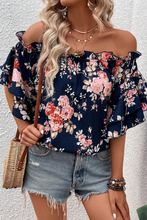 Load image into Gallery viewer, Blue Ruffle Off Shoulder Flounce Sleeve Floral Blouse