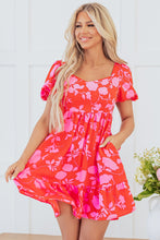 Load image into Gallery viewer, Red Floral Bubble Sleeve Sweetheart Neck Ruffled Mini Dress