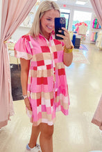 Load image into Gallery viewer, Pink Plaid Print Puff Sleeve Buttoned Tiered Dress
