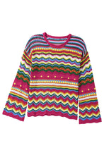 Load image into Gallery viewer, Rose Red Colorblock Striped Hollowed Knit Loose Sleeve Sweater