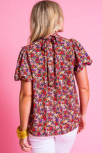 Cargar imagen en el visor de la galería, Purple Floral Print Knotted High Neck Puff Sleeve Blouse