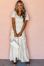 Load image into Gallery viewer, White Frilly Shirred Bodice Tiered Floral Maxi Dress
