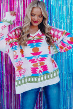 Load image into Gallery viewer, White Oversize Aztec Print High Low V Neck Sweater