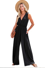 Load image into Gallery viewer, Black Deep V Pleated Crisscross Wide Leg Backless Jumpsuit