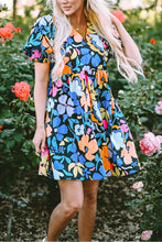 Load image into Gallery viewer, Blue Collared Split Neck Floral Flared Dress