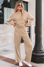 Cargar imagen en el visor de la galería, Oatmeal Varsity Striped Detail Crewneck Pullover Elastic Sweatpants 2pcs Outfit