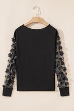 Load image into Gallery viewer, Black Flower Applique Mesh Long Sleeve V Neck Blouse