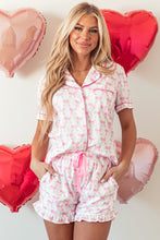 Load image into Gallery viewer, Pink Bowknot Printed Short Sleeve and Ruffled Shorts Valentines Pajama Set