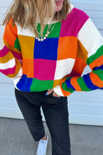 Load image into Gallery viewer, Orange Checkered Color Block Round Neck Loose Sweater