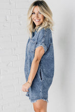Load image into Gallery viewer, Blue Mineral Wash Cuffed Sleeve Frayed Hem Denim Dress
