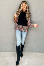 Load image into Gallery viewer, Black Floral Ruffle Sleeve Peplum Top