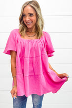 Load image into Gallery viewer, Bright Pink Textured Square Neck Flutter Sleeve Tiered Flowy Blouse