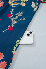 Load image into Gallery viewer, Blue Floral Print Gathered Neckline 7/8 Sleeve Casual Midi Dress
