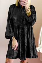 Load image into Gallery viewer, Black Metallic Sheen Puff Sleeve Button Up Mini Shirt Dress