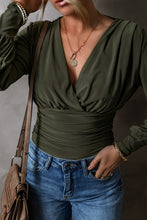 Load image into Gallery viewer, Moss Green Ruched Wrap V Neck Long Sleeve Bodysuit