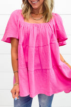 Load image into Gallery viewer, Bright Pink Textured Square Neck Flutter Sleeve Tiered Flowy Blouse