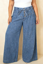 Cargar imagen en el visor de la galería, Sky Blue Stripe Plus Size Buttoned Loose Wide Leg Denim Pants