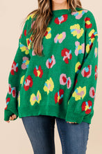 Load image into Gallery viewer, Green Plus Size Floral Knitted Ribbed Edge Drop Shoulder Sweater