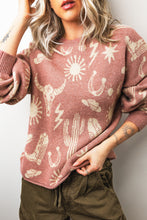 Cargar imagen en el visor de la galería, Peach Blossom Western Print Drop Shoulder Round Neck Long Sleeve Sweater