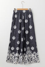 Cargar imagen en el visor de la galería, Black Bohemian Printed Drawstring Waist Wide Leg Pants