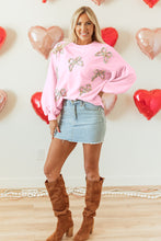 Load image into Gallery viewer, Light Pink Embroidered Bow Lantern Sleeve Oversized Pullover Sweatshirt