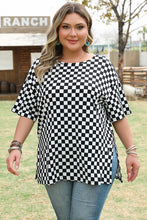 Load image into Gallery viewer, Black Checkered Print Side Slits O Neck Plus Size T Shirt