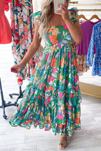 Load image into Gallery viewer, Green Floral Print Sleeveless Ruffle Tiered Maxi Dress