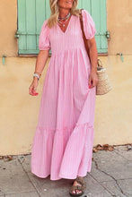 Load image into Gallery viewer, Pink Stripe V Neck Puff Short Sleeve Maxi Dress