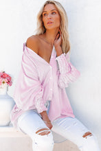 Cargar imagen en el visor de la galería, Pink Smocked Cuffed Striped Boyfriend Shirt with Pocket
