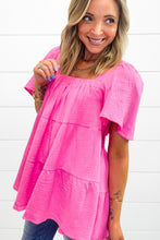 Load image into Gallery viewer, Bright Pink Textured Square Neck Flutter Sleeve Tiered Flowy Blouse