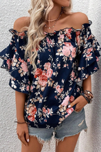 Load image into Gallery viewer, Blue Ruffle Off Shoulder Flounce Sleeve Floral Blouse