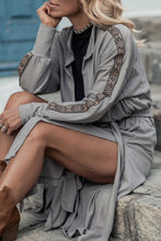 Cargar imagen en el visor de la galería, Medium Grey Aztec Accent Side Slit Open Front Long Cardigan